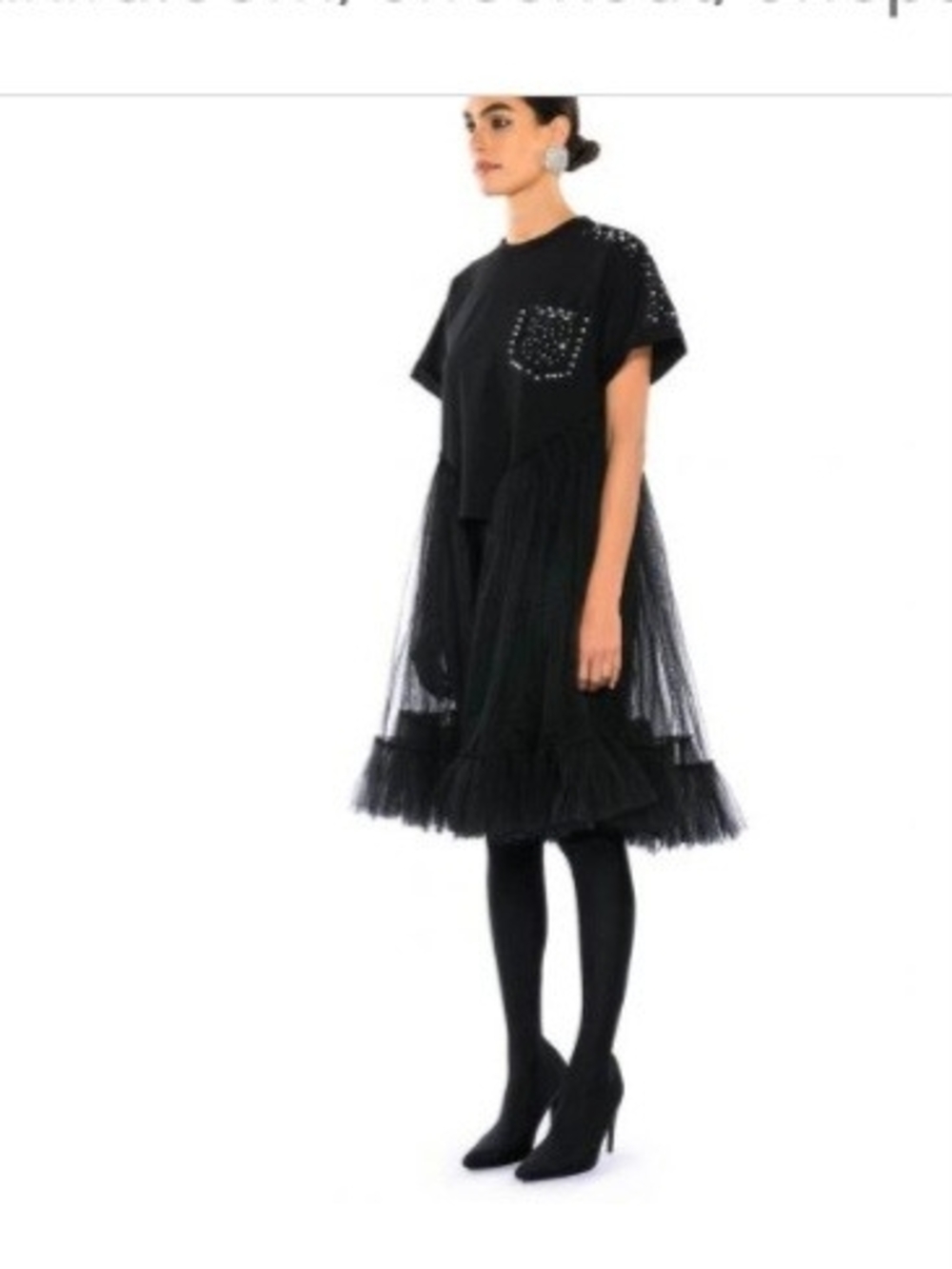 Black Tulle Overlay Dress with Studded Pocket